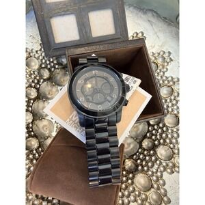 Michael Kors Runway Black Steel Chronograph Black Dial Mens Watch MK8157 w/ Box